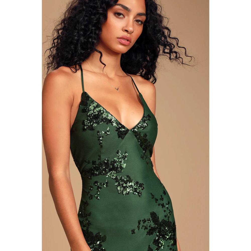 NWT Lulus Valhalla Forest Green Sequin Lace-Up Maxi Dress Glam Holiday Size M - Picture 4 of 10
